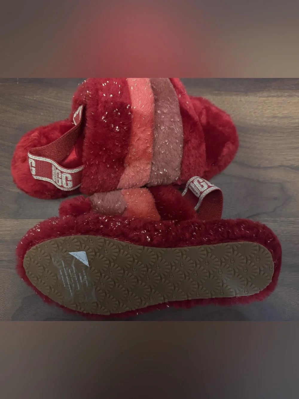 Kid UGG Red and Pink Fuzzy Platform Slides with Logo Strap
